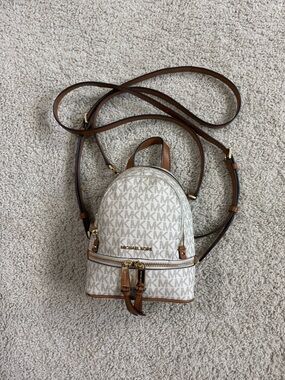 MICHAEL KORS Ivory & Brown RHEA Mini MK Monogram LOGO Designer BACKPACK Bag